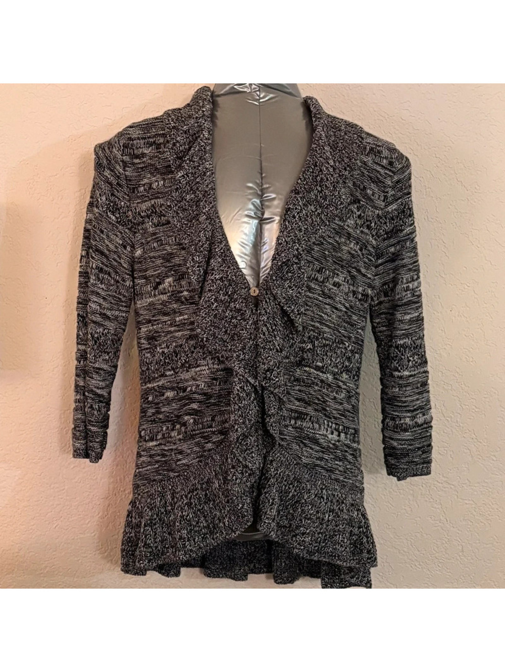 Style & Co Women’s XL Black White Marled Ruffle Cardigan Cotton Blend Sweater